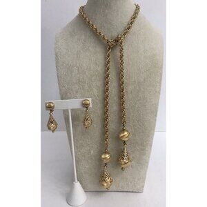 Vintage Monet Necklace & Earring Set Bolero Lariat Dangles Gold Tone
